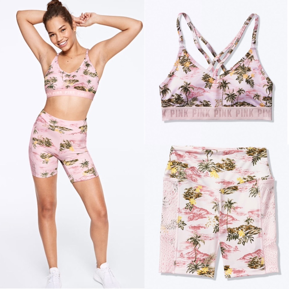 VS PINK PALM HIGH WAIST BIKE SHORTS & SPORTS BRA